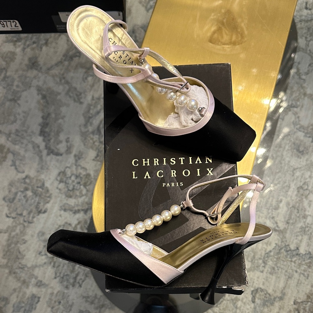 Christian Lacroix Black and Light Pink Heels with Pearl Detail